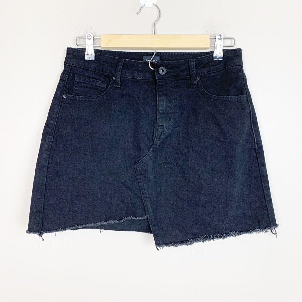 Special A Black Denim Jean Mini Skirt - Raw Hem - Asymmetrical Hem - Size Small